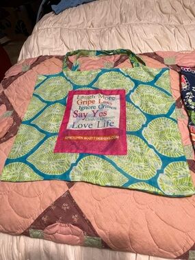 Gretchen Scott Designs Green and Blue Leaf Print Tote with Pink Quote Panel